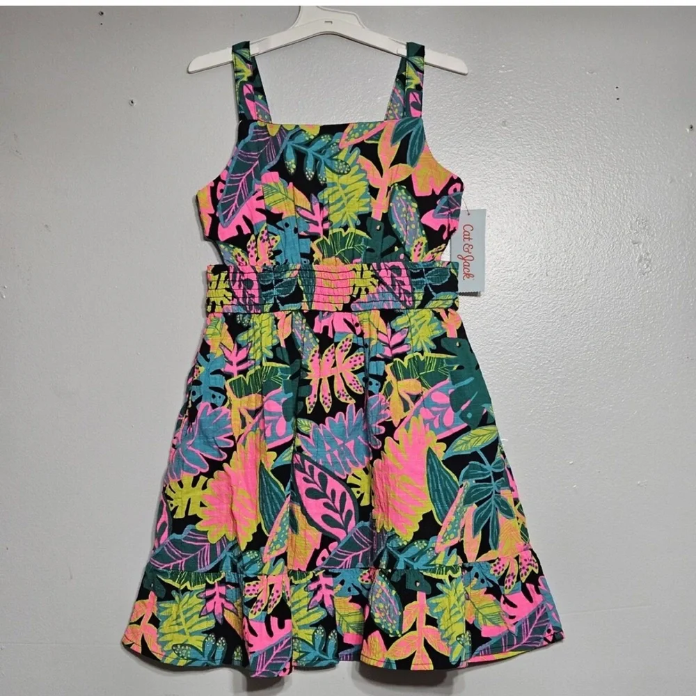 1. Girls Sundress - Tropical Foliage Print Dress - Black w Bright Colors